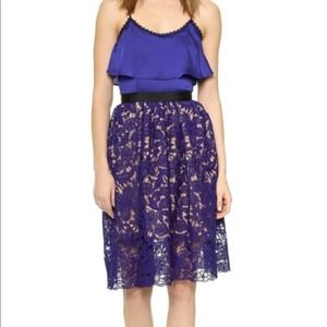Self-Portrait Delphinium Lace Floral Dress Sleeveless Satin A Line Blue Dress 0